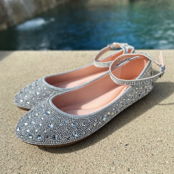 New Bling Silver Rhinestone Embellished Ankle Strap Ballet Flat Shoes Ballerina - Picture 6 of 10